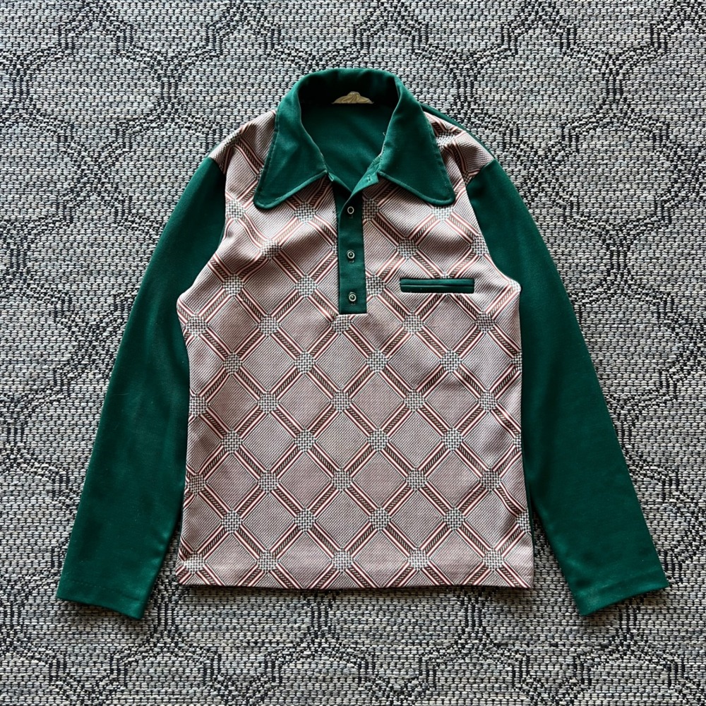 Vintage Disco Shirt Mens Small Green Geometric Polo Retro Long Sleeve Poly 70s